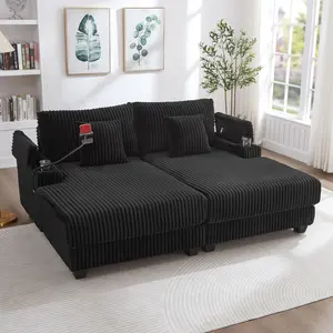 Modern Chaise Sofa 75.5" Chaise Lounge Sofa Loveseat Sofa Sleeper Sofa with Adjustable Backrest, Cup Holders , Phone Holder and Storage Compartments for Living Room, Black