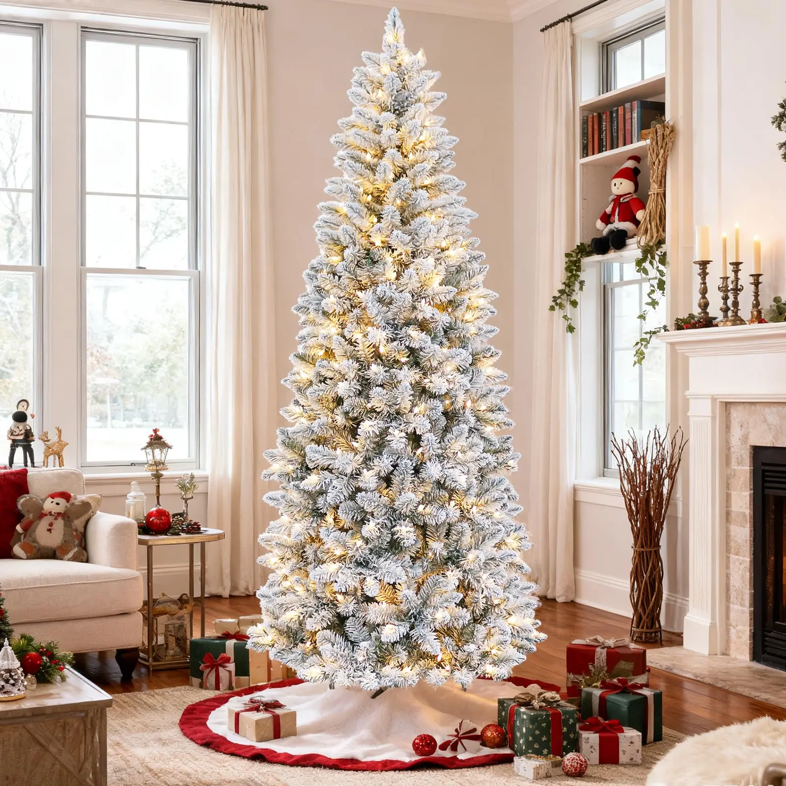 6 ft Prelit Snow Flocked Pencil Slim Christmas Tree, 544 PVC Branch Tips, 200 Color Changing LED Lights, Metal Stand and Hinged Branches, 10 Color Modes