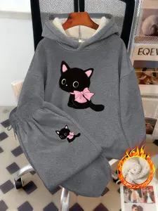 Women's Fleece Lined Long Sleeve Pants Set, Cartoon Cat Print Hoodie Sweatshirt & Straight Leg Pants, Casual Fall Winter Warm Two-Piece