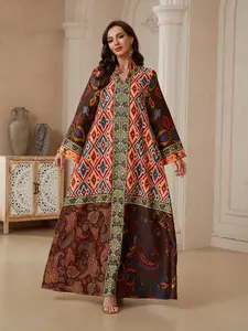 Middle Eastern High-End Custom Patchwork Ethnic Totem Robe, Vintage Luxury Ethnic Style Abaya, Elegant Traditional Clothing