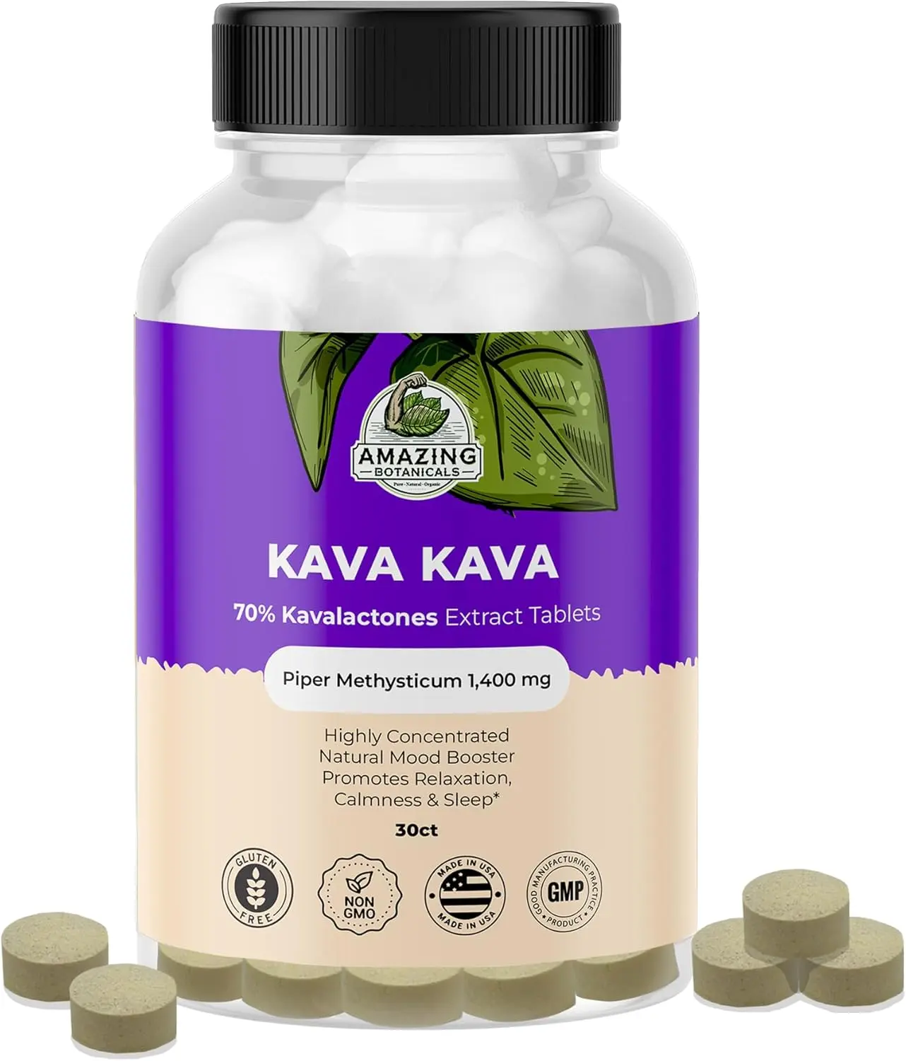 Amazing Botanicals Kava Kava Extract Dietary Tablets - 1400mg High-Potency Supplement, Piper Methysticum Root Formula with 140mg Kavalactones for Mood Support