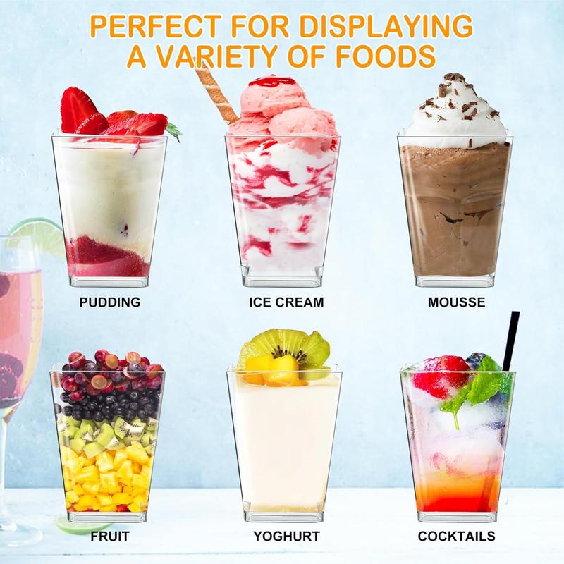 5oz Crystal Plastic Dessert Cups with Lids & Spoons - Disposable Square Parfait Cups for Mousse, Tiramisu, Pudding, Party & Catering