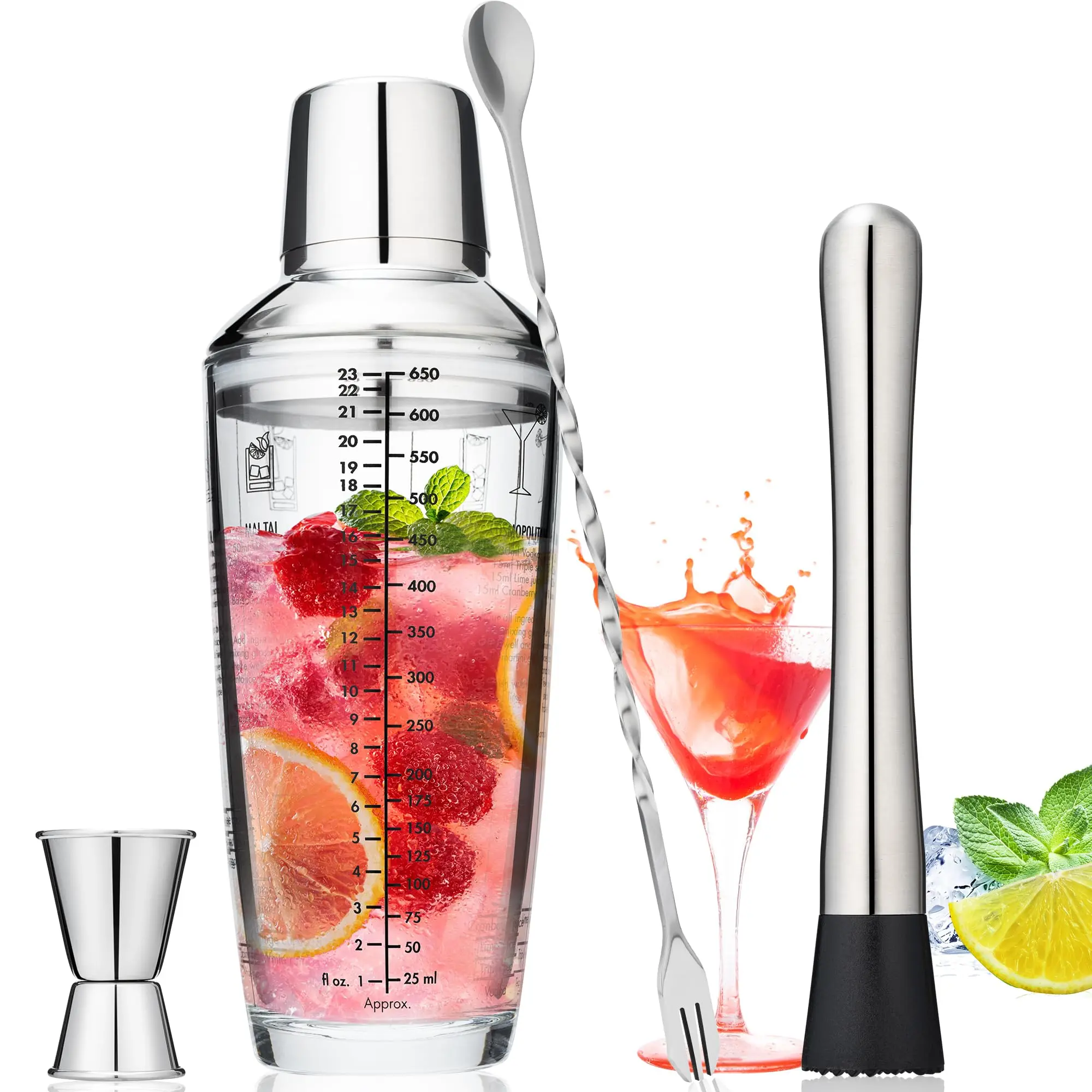 23oz Transparent Glass Cocktail Shaker Set - 4PCS Steel Bar Utensils Kit with Built-in Strainer, Measuring Jigger, Muddler & Mixing Spoon, Leakproof Drink Mixer for Bartenders & Home Use, Stainless