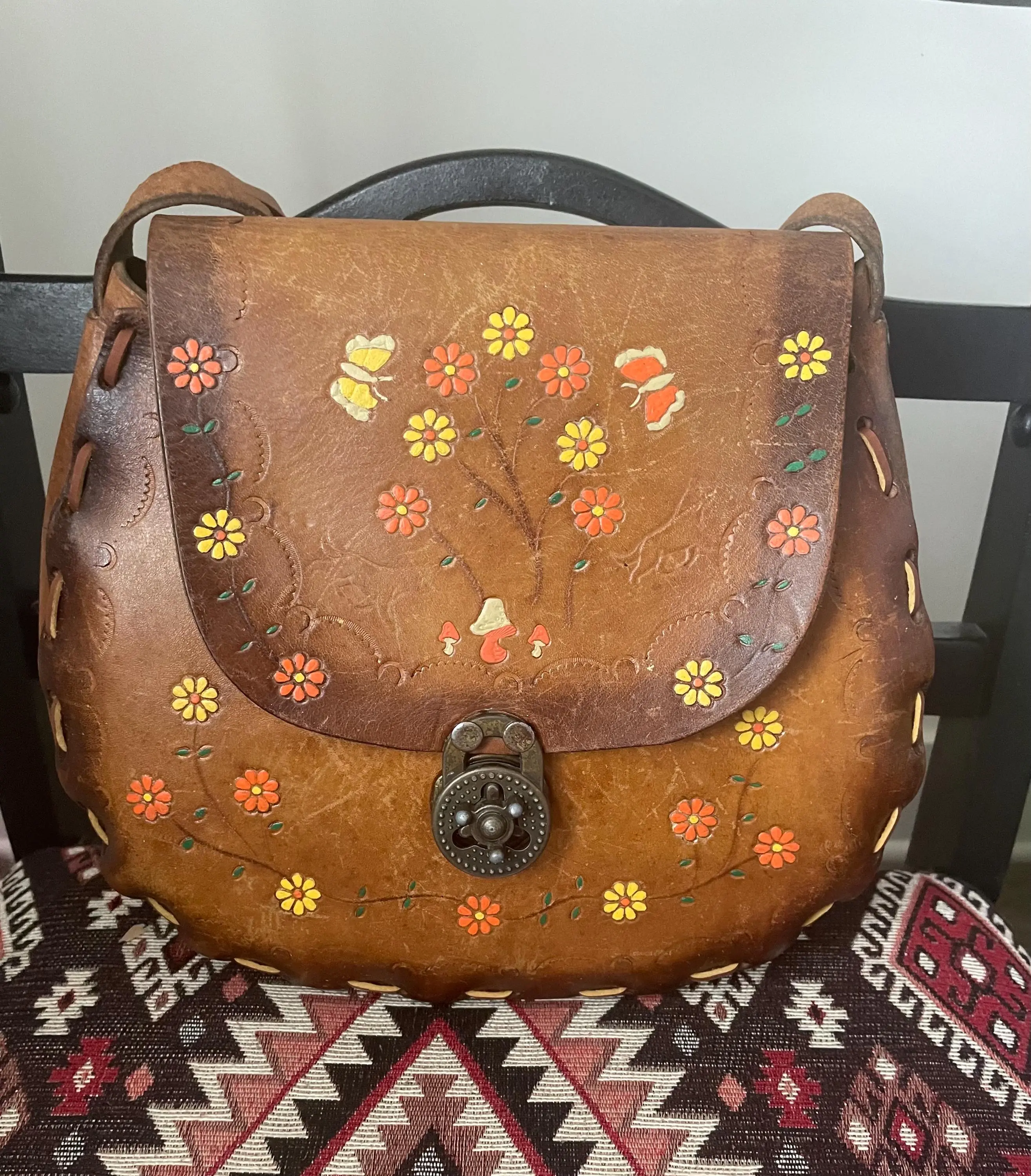 Vintage boho hippie handmade leather tooled flower mushroom bag