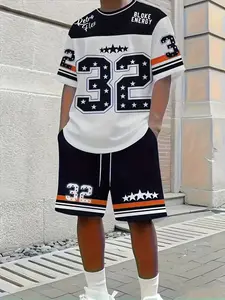 Men's Oversized 32 Size Football Style Belted Top and Gym Shorts Set, Breathable and Striped Design, Summer, Athleisure Wear Set, Sports Set