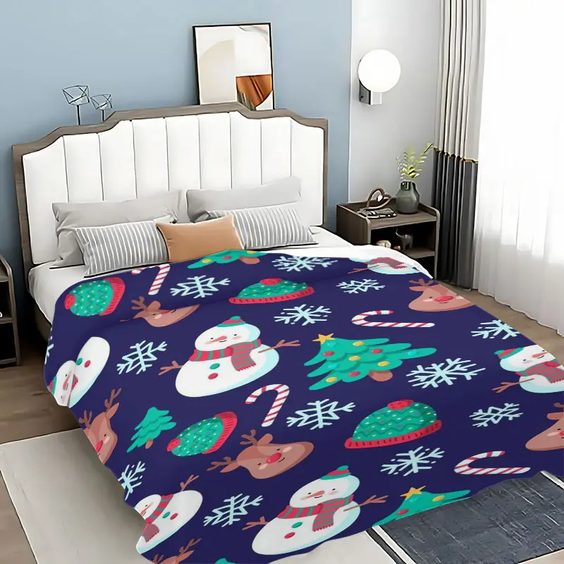 Christmas Flannel Digital Print Blanket, Cute Snowman Reindeer Tree Designs, Deep Blue Soft Warm Holiday Decor, Best Selling Items