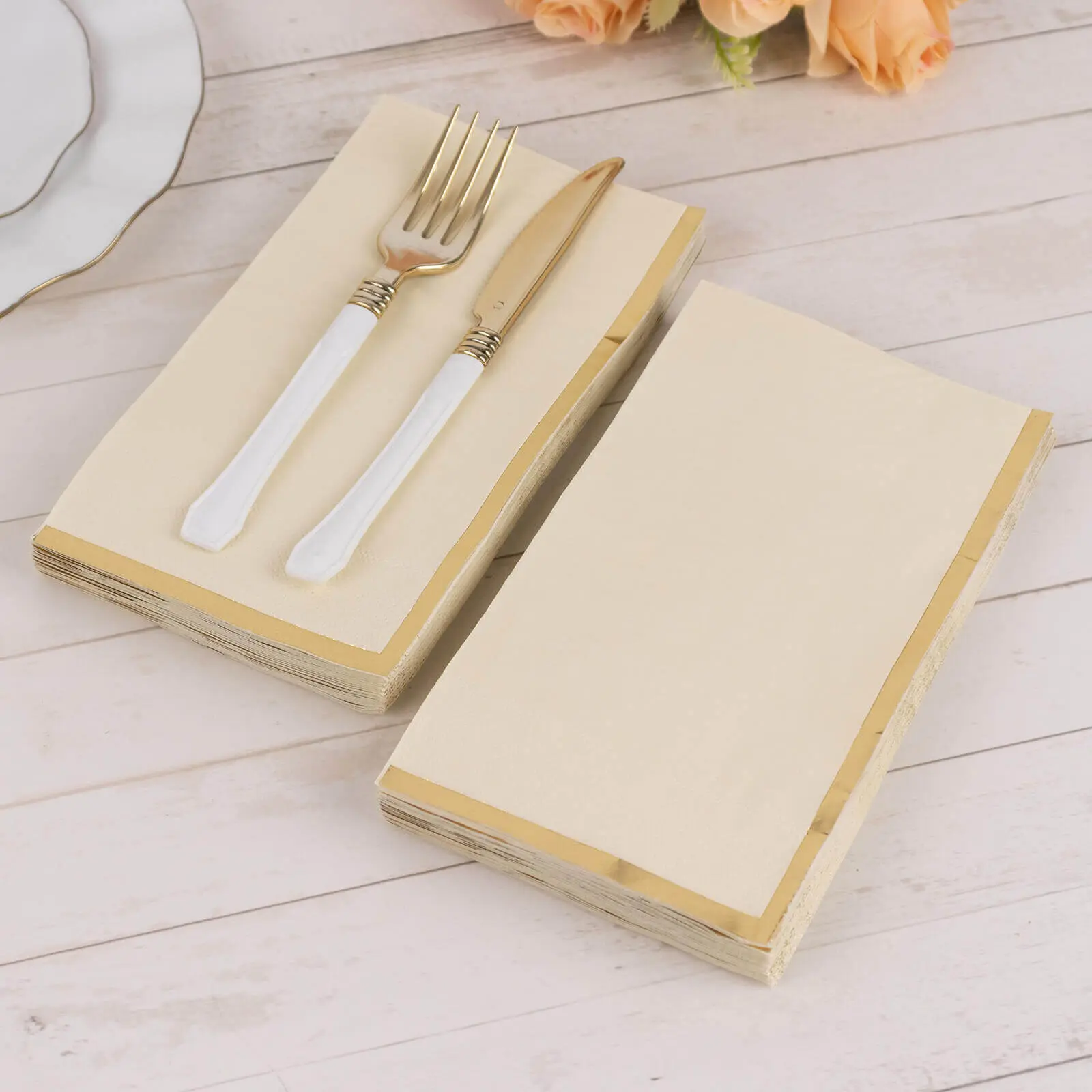 50-Pack Paper Dinner Napkins 2 Ply Ivory with Gold Foil Edge - Soft Disposable Napkins