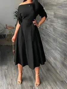 Elegant Dress with Asymmetrical Neckline, Adjustable Cuff Drawstring, Solid, Chic, Suitable for Daily Commute, Parties, Weddings, Casual Women's Wear