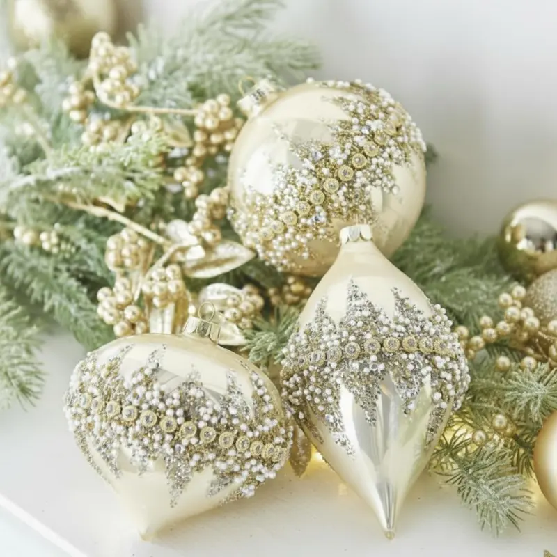 3pcs Soulchen Champagne Christmas Glass Ball Ornaments| Beaded sequin glitter ball, suitable for vintage holiday Christmas tree party decoration, no electricity needed