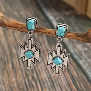 Boho Style Western Geometric Turquoise Earrings Vintage Dangle Drop Earrings For Women