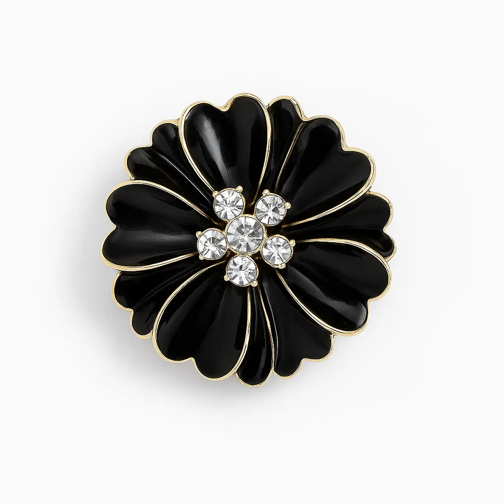 Urban Jazz Button Jewelry (Set of 2) – Black Enamel & Gold Petals with Crystals – Instantly Transform Any Shirt. Unique Christmas Gift For The Woman Who Has Everything