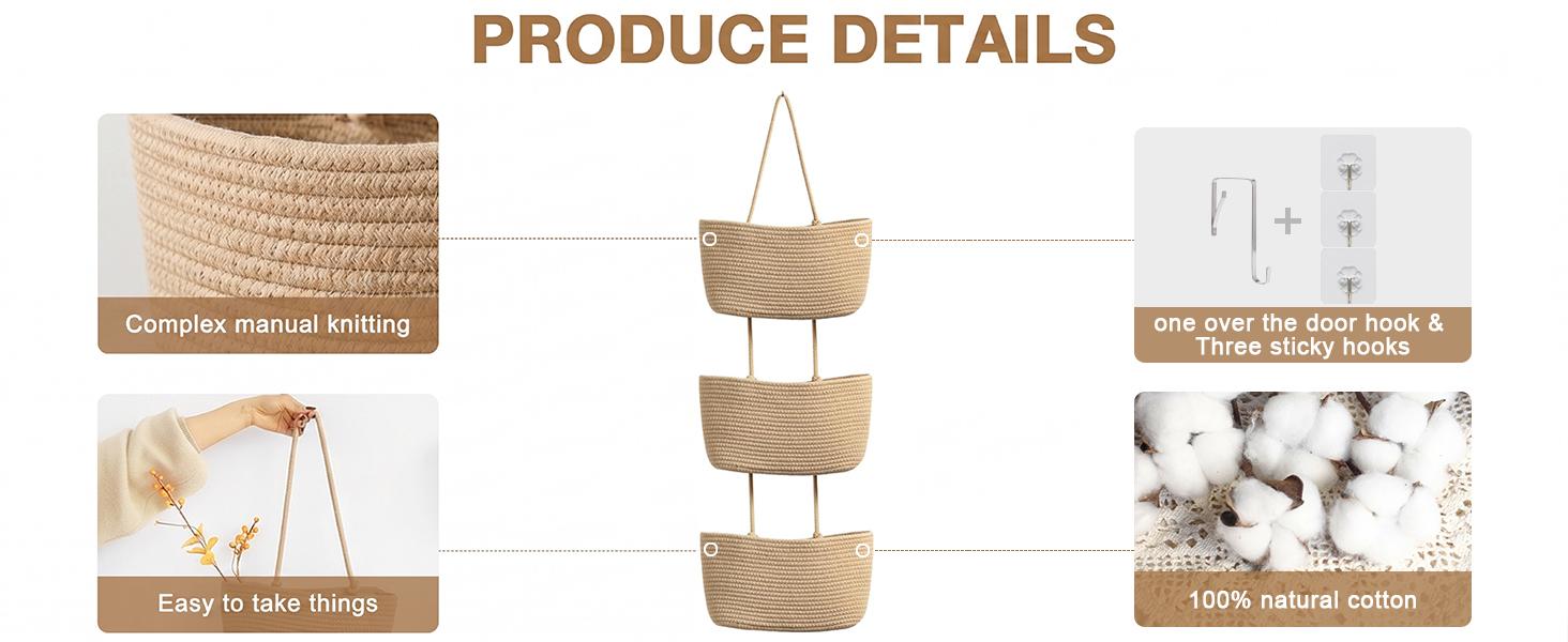【Handmade】Woven cotton 3-Tier Over the Door Basket, Wall-Mounted Jute Storage Organizer–Decorative Nursery Baskets, Perfect for Busy Mom/Dad to Store Diapers & Toys small basket Gift Hook laundry basket house organizers decor storage basket giftsforfamily