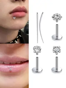 Set of 5pcs of 304 Stainless Steel 16G Internally Threaded Flat Bottom Square, Round, And Heart-Shaped Earrings, Nose Rings, Lip Rings, Featuring Medusa Monroe Lip Studs for Piercings, Including Tapered Needles