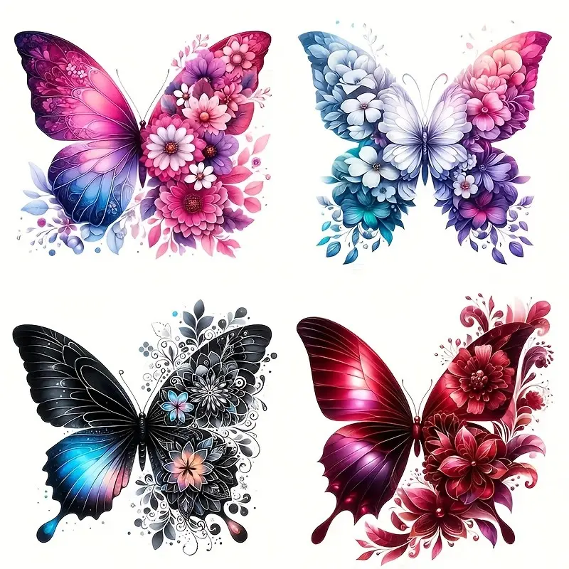 A sheet of four large butterfly and floral vinyl stickers, Decorative decal, Graphic decal, removable self-adhesive decals with wing patterns, available in bright pink/blue/purple/red/white, suitable for cars, motorcycles, laptops, walls, bottles