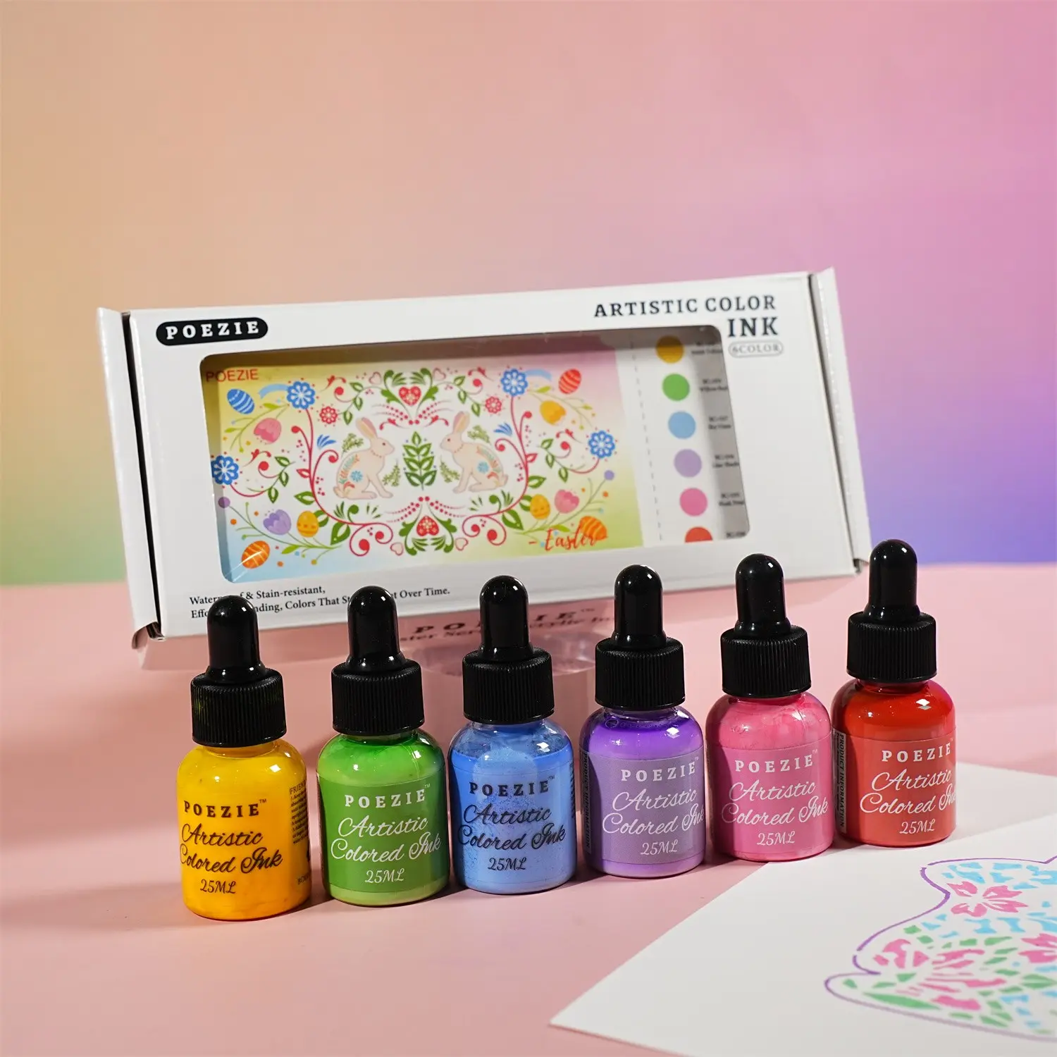 6 Colors Acrylic Ink Set for Easter Projects, Fade Resistant Permanent Ink with Dropper for Artists Mixed Media Airbrush