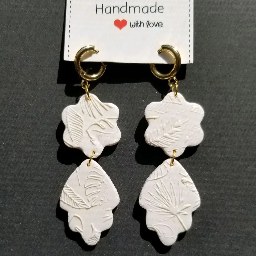 Handmade Polymer Clay Elegant White Detailed Drop Earings