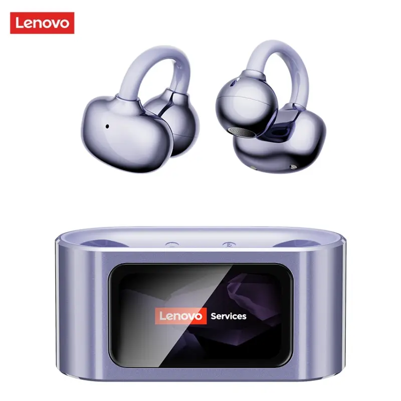 Lenovo RS105 Clip-On Wireless Earbuds with Bluetooth 6.0, LCD Full-Color Touchscreen Charging Case, Stable & Smooth Connection, Lightweight Comfortable Fit, Stereo Sound, Wireless Headphones for Music & Calls, Compatible with Android & iOS