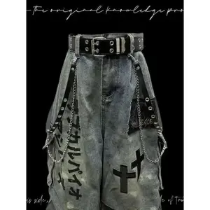 Gothic Punk Wasteland Jeans - Seven-Part Patchwork Wide Leg, Distressed Wrinkled Pants Menswear Trouser Man Streetwear Denim Pocket Tropical