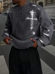 Men's Women's Casual Loose Fit Long Sleeve Knit Sweater, Abstract Cross Ripped Design, Fall & Winter Commuter Wear, Round Neck Pullover