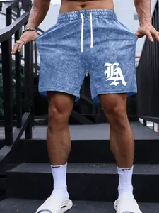 Men’s summer cotton athletic shorts with letter print and a washed, distressed finish; casual loose fit with a drawstring waist and pockets; retro 2000s style; suitable for running, golf, fishing, basketball, camping, gym workouts, swimming, and the beach