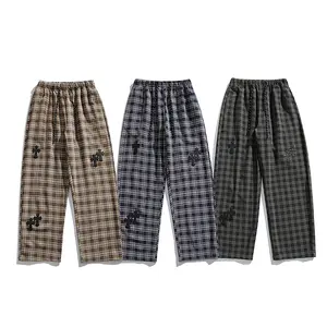 Straight plaid casual pants embroidered couple drawstring mopping trousers fashion loose retro wide-leg pants street college style