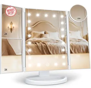 Makeup Mirror, Vanity Mirror with Lights, 2X/3X/10X Magnification, Touch Control, Trifold, Dual Power Supply, Mothers Day, Birthday Gifts for Mom,Gifts for Women,Girls, Dorm Room Essentials