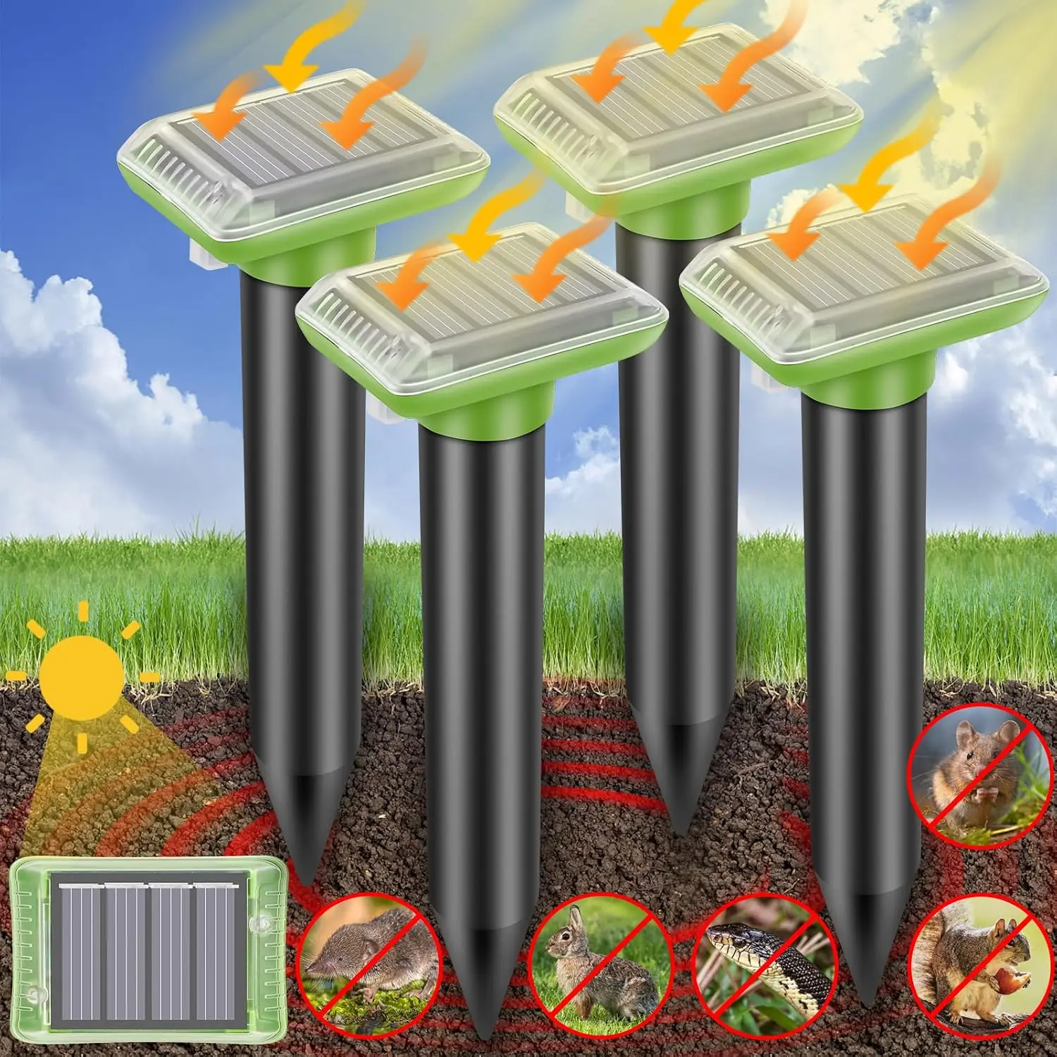2026 Upgraded Solar Powered Ultrasonic Animal Repellent Device, IP65 Waterproof, Repels Pests Including Snake, Cat, Mole, Vole, Rat, Raccoon, Deer, Gopher, Rabbit for Lawns Garden