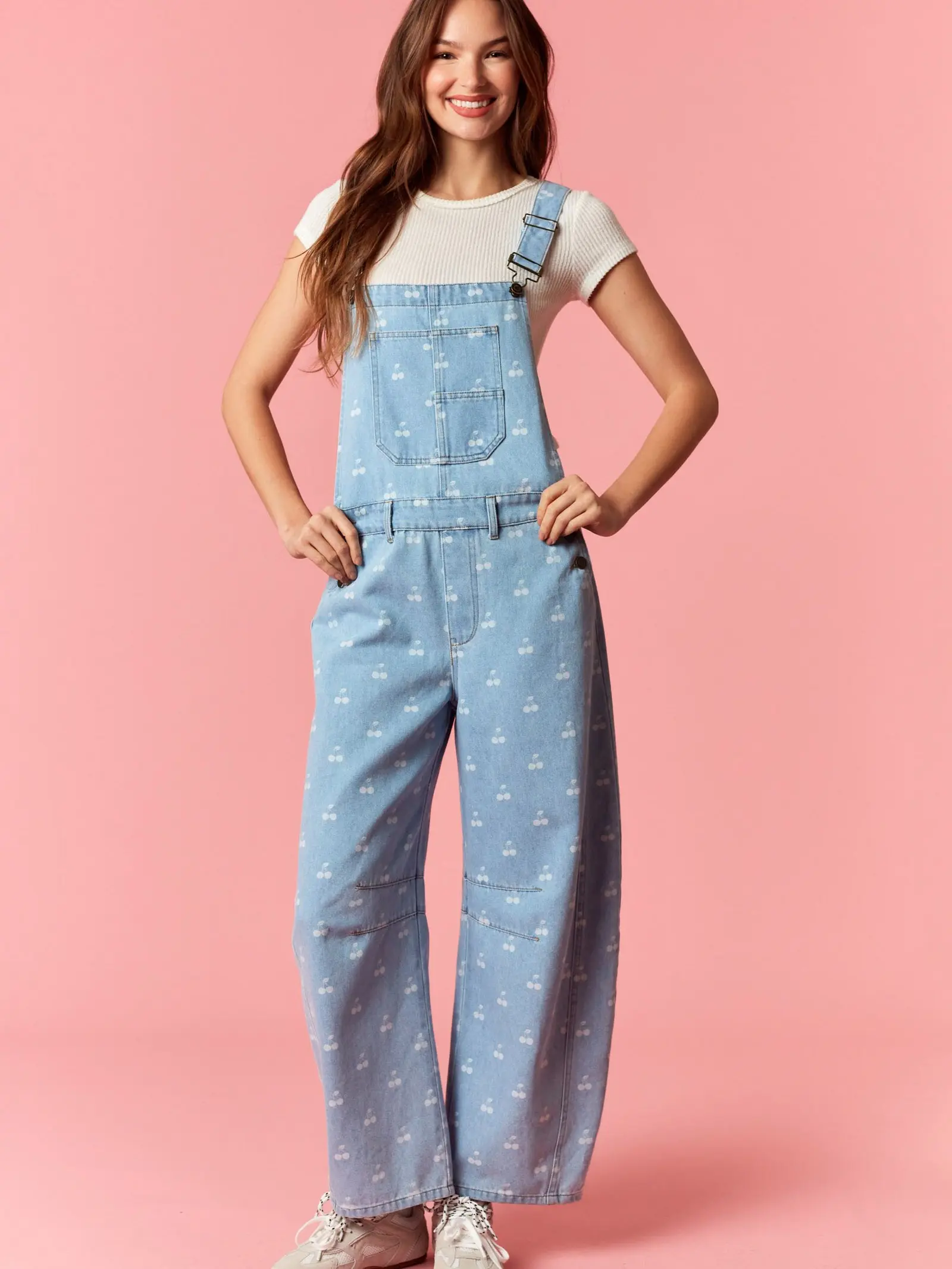 Washed Denim Cherry Print Barrel Overall Jumpsuit Cotton Womenswear