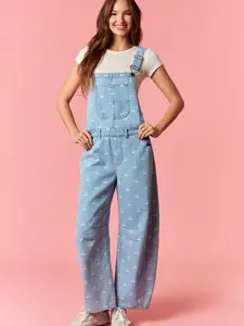 Washed Denim Cherry Print Barrel Overall Jumpsuit