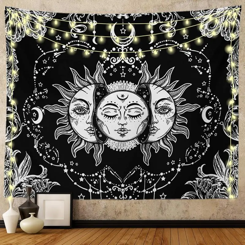 Tapestry  Ftuency Sun and Moon Tapestry, Black and White Tapestries Mystic Burning Sun with Star Wall Hanging decor for Bedroom (59" W x 51" L)