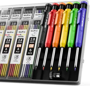 6 Pack Carpenter Pencil with Sharpener,Mechanical Pencils Set 54PCS Refills(Black,Red,Yellow,Blue,Green,White) Deep Hole Marker Construction Heavy Duty Woodworking -With Case