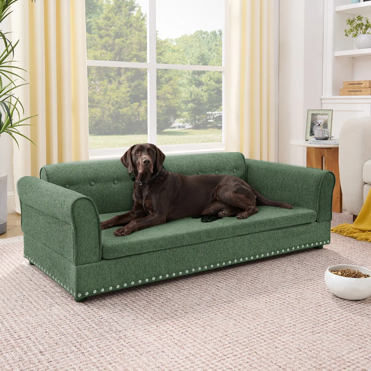 [Fahuac] Modern Wipe-clean Linen-look Fabric Dog Sofa Bed, 55" L×26.5" W×17.75" H Elevated Rectangular Pet Couch with Headrest, Carefully Shaped Armrests, Steady Low Legs, Wobble-free Base, Plush Yet Firm Spalike Support for Large Dogs, Bedroom Use