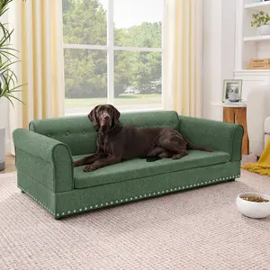 [Fahuac] Oversized Olive Green Linen Dog Sofa Bed with Backrest and Armrests, Modern Elevated Rectangular Pet Couch for Large and Extra Large Dogs