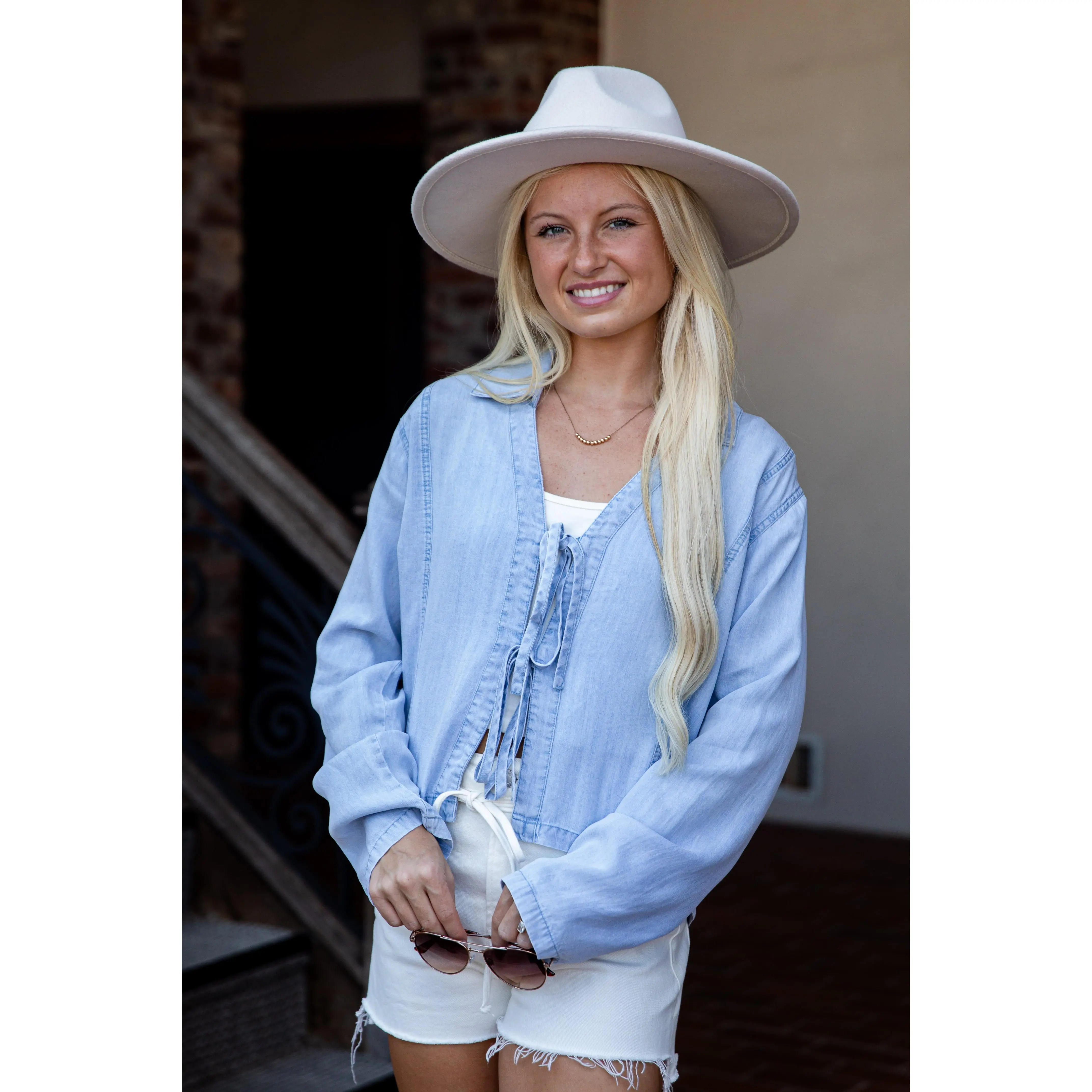 The Latest Tie-Front Lightweight Denim Blouse