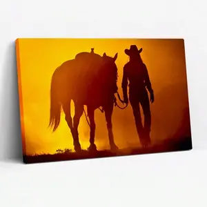1pcs,Framed Wall Decor Rustic Western Cowgirl and Horse Silhouette Canvas Wall Art, Capturing a Golden Sunset Landscape, Equestrian Print for Farmhouse Home Decor Multicolor