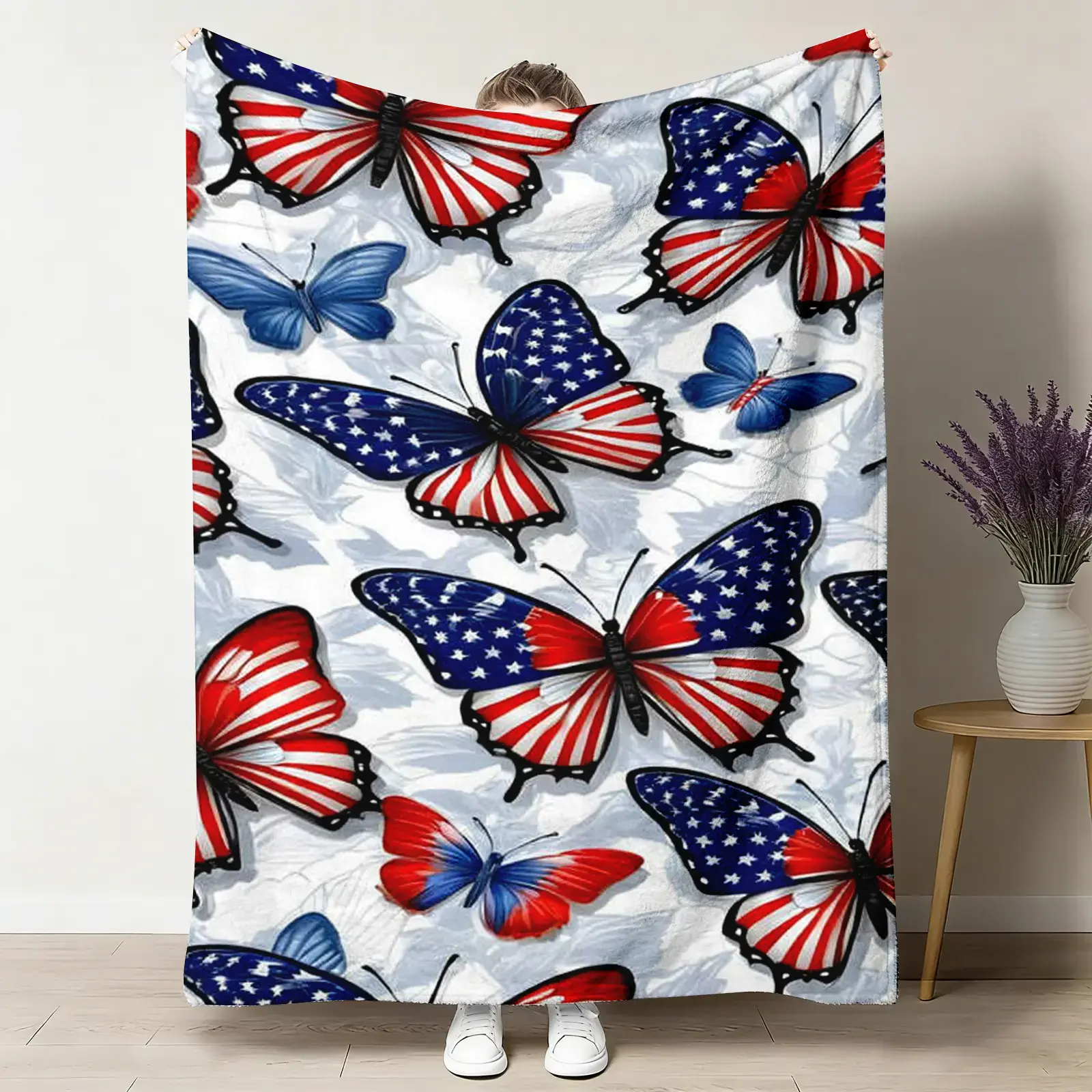 American Flag Butterfly Cozy Flannel Blanket, Red-White-Blue Star Soft Throw, Patriotic Wings Home Decor Blanket, 4th of July Memorial Day Gift for Her, Bedroom Couch Accent