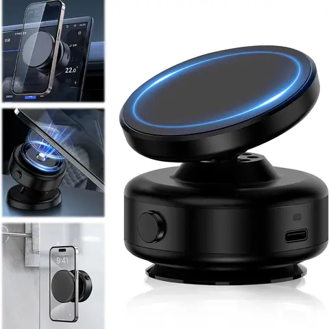 Black Magnetic Phone Holder with Suction Cup, 360° Rotatable Design, Stable & Strong Adsorption, Compatible with 4-7 Inch Smartphones, Ideal for Car & Home Use