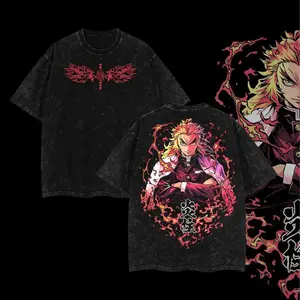 Demon Slayer Collection Double-Printed Washed T-Shirt – Demon Slayer Featuring Kyojuro Rengoku,Vintage Oversized Heavyweight Cotton Anime Tee, Unisex Manga Streetwear Top for Men Women, Retro Anime Graphic Shirt, Casual Daily Wear