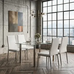 110cm Irregular Tempered Glass Dining Table, Rustproof Stainless Steel Frame Kitchen Dinner Table, Smooth Easy Clean Household Dining Desk, Modern Simple White Stylish Dinner Furniture for Home Dining Room Restaurant Daily Use Only Table