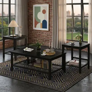 3 Piece Industrial Coffee Table Set, Rectangular Coffee Table with 2 Square End Side Tables, Metal Frame Living Room Table Set with Storage Shelf for Apartment Home Office Decor