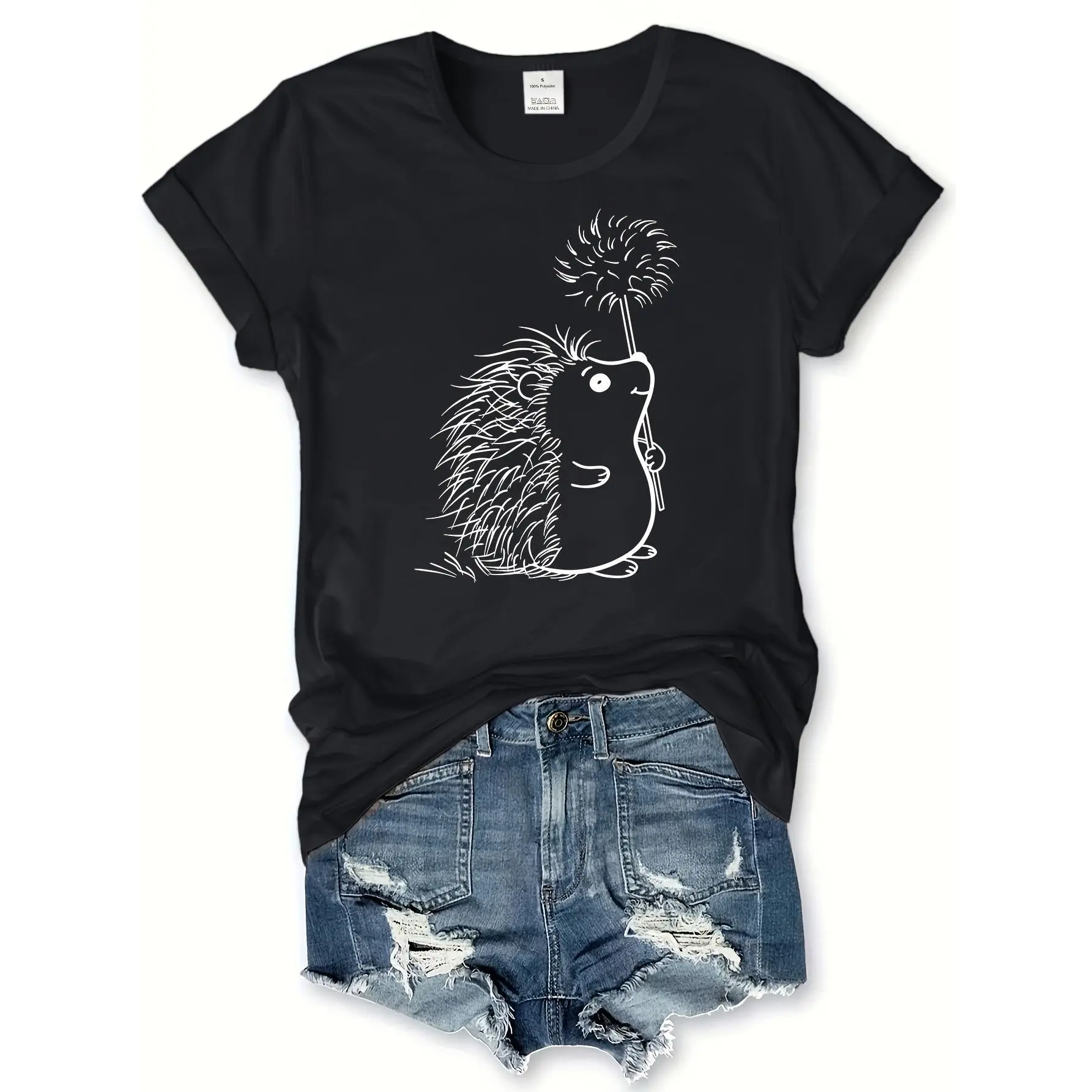 Women's Fitted T-Shirt with Geometric Hedgehog Print, Casual Crew Neck Short Sleeve in 100% Breathable Cotton Knit