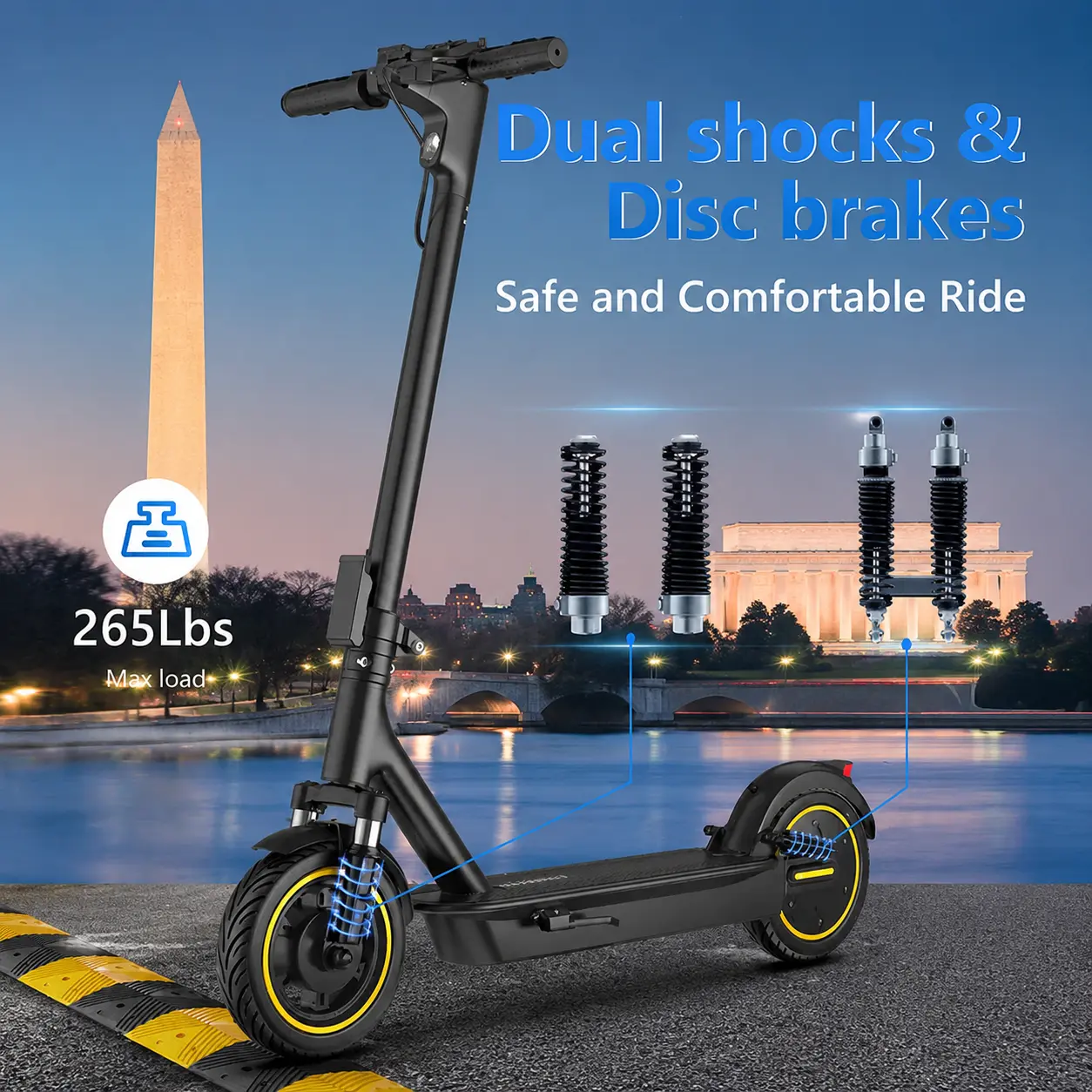 Esmax High-Speed Electric Scooter 10-inch solid tires 500W motor with front and rear dual shock absorption, range of 22-30 miles, top speed of 22 mph, dual braking system, LED lights, app control, aluminum alloy frame, Springtok。