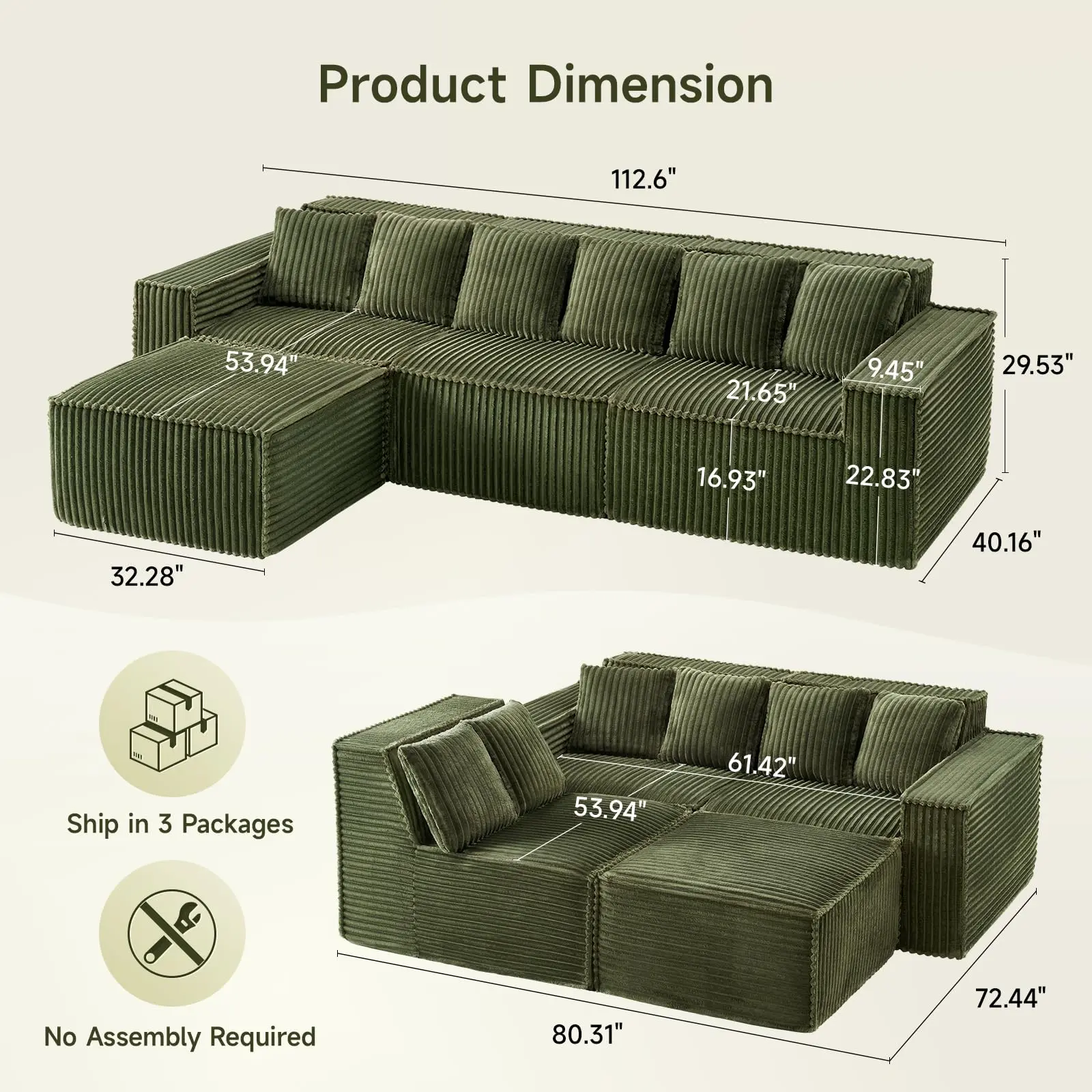 112.6" Boneless Couch-Green