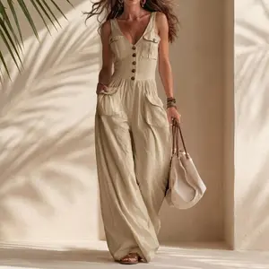 Women's Plain Button Pocket Loose-Fit Casual Jumpsuit, Comfortable Strapless Design, Perfect for All Seasons, Ideal for Daily Wear