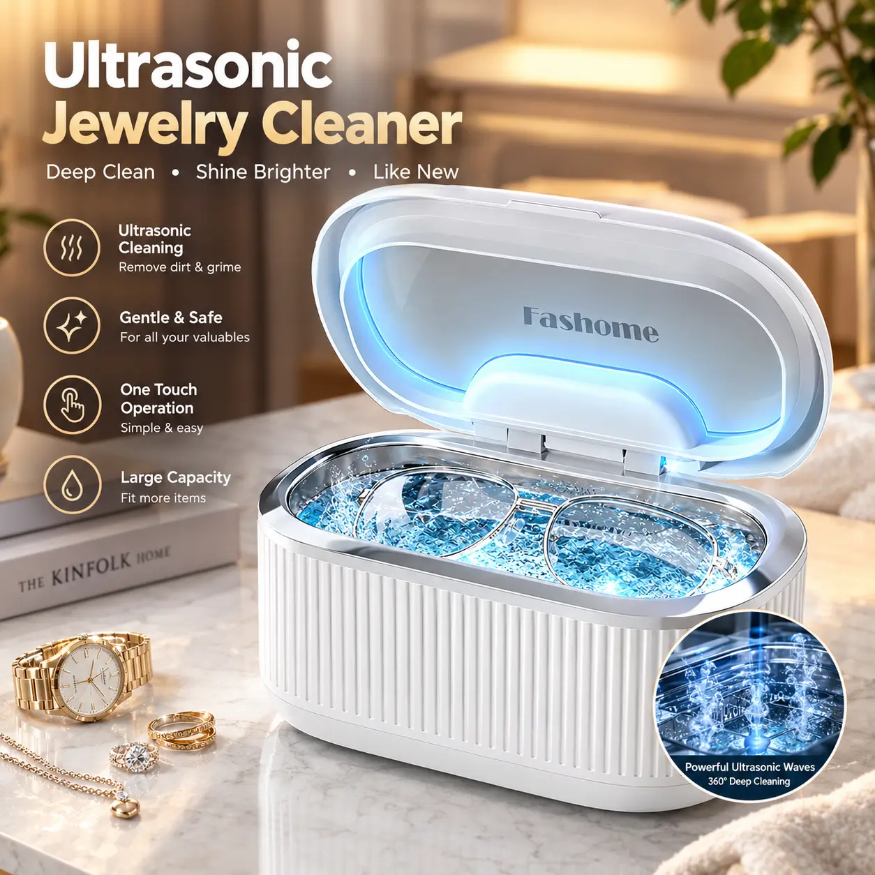 Fashome Ultrasonic Jewelry Cleaner Machine - 550ml Ultrasonic Cleaning Equipment with Food-Grade 304 Stainless Steel Tank, 45000Hz Deep Cleaning, Quiet Operation for Home & Travel, Fits Rings, Necklaces, Glasses, Dentures, Watches