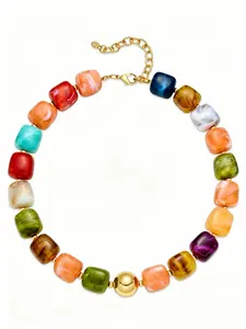 Colorful Chunky Necklaces for Women, Trendy Multicolor Large Square Resin Beads, Boho Chunky Statement Choker, Y2K Summer Jewelry
