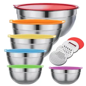 Stainless Steel Metal Bowls Set of 6 with Colored Sealing Lids Mixing Bowl with 3 Grater Attachments, Nested Metal Bowls for Baking/Cooking Tableware