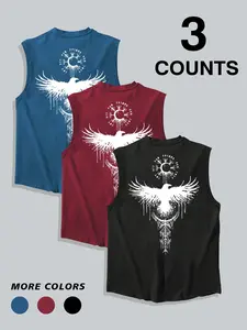 Retro 3 Pack Norse Raven Print Tank Tops, Viking Inspired Oversized Crew Neck Tops, Streetwear Style for Party, Outings #springsaledeals2026 #summeroutfits #fyp #menstreetwear