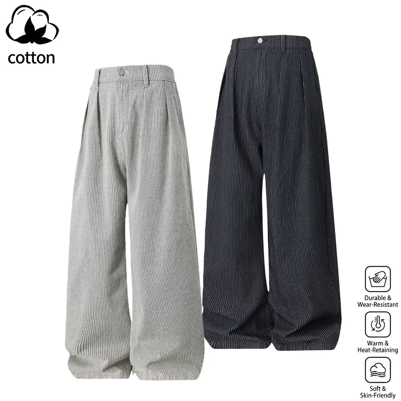 Men's Pinstripe Denim Curved Blade Wide Leg Jeans - Menswear, Half Elastic Back Waist Pleated Loose-Fit Stylish Trousers, Wrinkle-Resistant Firm Wear-Resistant Cotton-Polyester Bottoms, 2 Colors Black & Light Grey All-Seasons Cold-Wash Streetwear