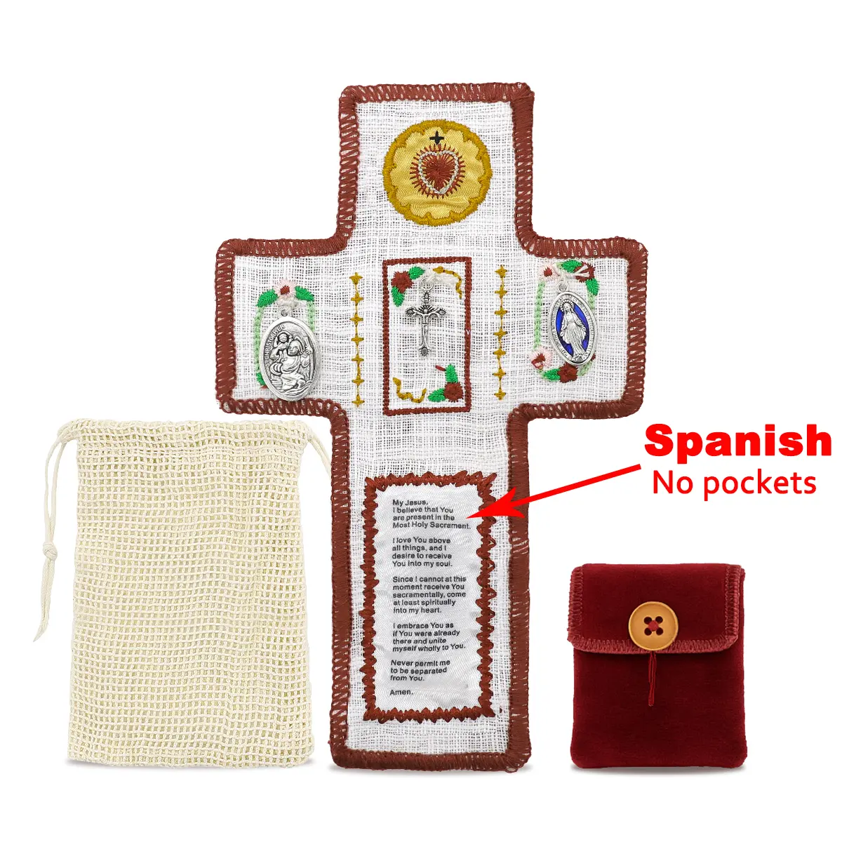 Handmade Catholic Prayer Pocket Set - Sacred Heart, Virgin Mary Crucifix, Spanish Prayer Text, Linen Drawstring Bag, Bible Card, Decor | Religious Gift for Mom | Spiritual Comfort for Travel